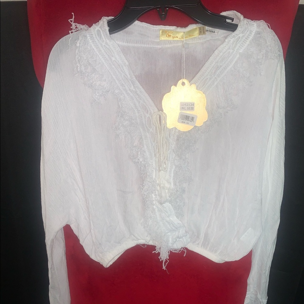 White Long Sleeve Light Fringe Crop Top